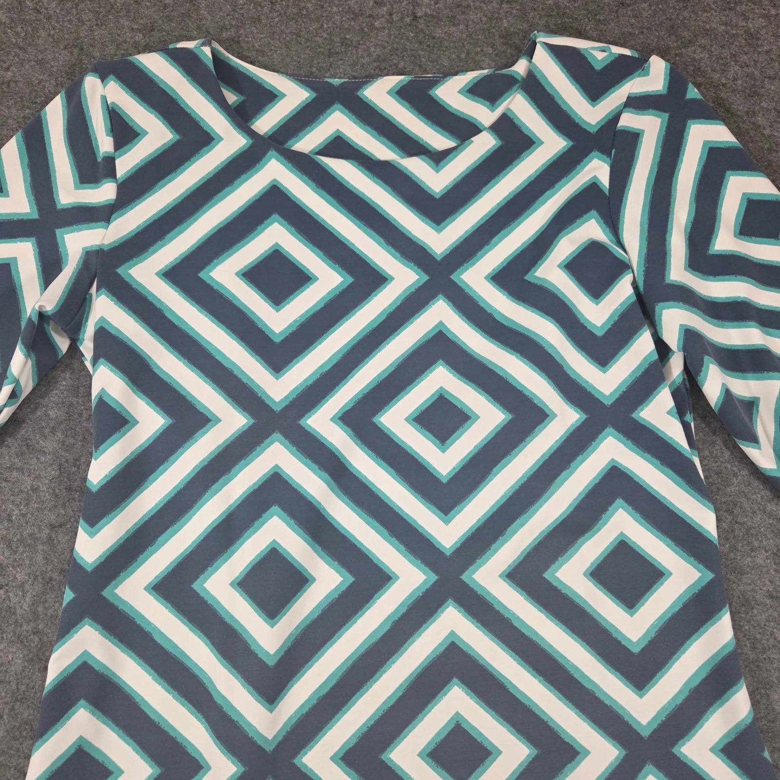Mahi Gold Dress S Teal Blue Geometric Diamond Print Boatneck A-Line Bimini $178